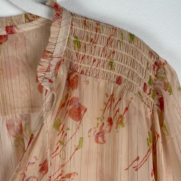 Paige Indira Sheer Floral Blouse Top Women L Metallic Stripe Afterglow Cream Red - Picture 5 of 11